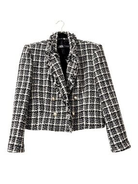 Zara Black White Textured Tweed Double Breasted Cropped Blazer Jacket Size XL